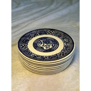 Blue willow pattern ceramic plates, round glossy finish, set of 8